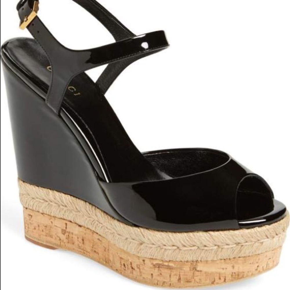 Gucci Hollie Patent Leather Cork Wedge Sandals